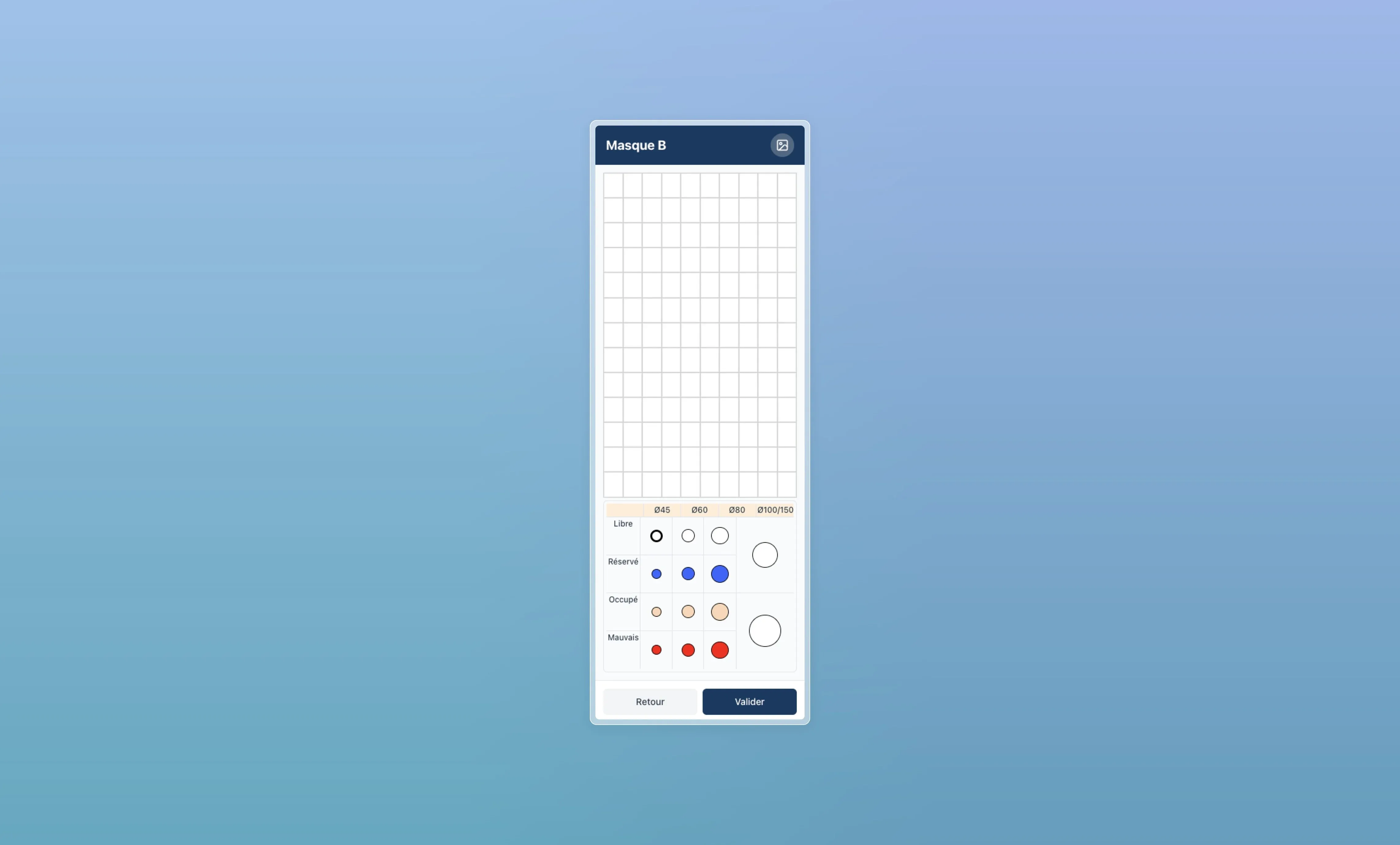 Interface vide de modélisation de masque avec grille et légende