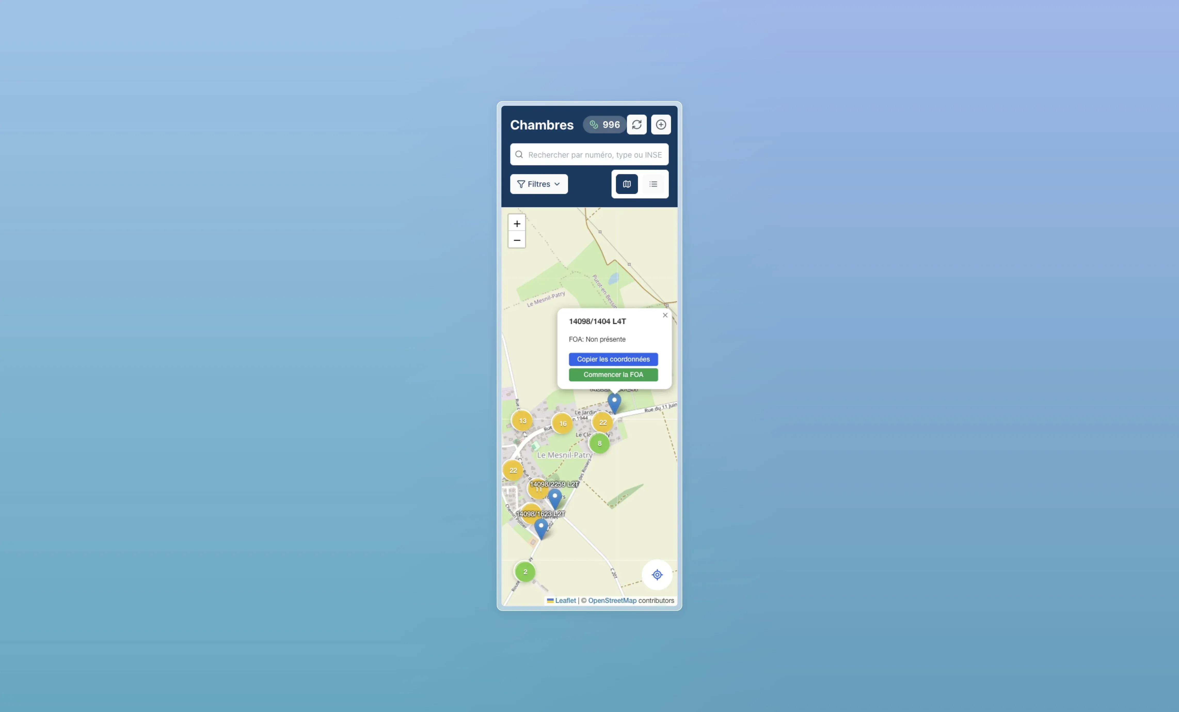 Interface mobile de sélection d'une chambre avec popup d'actions