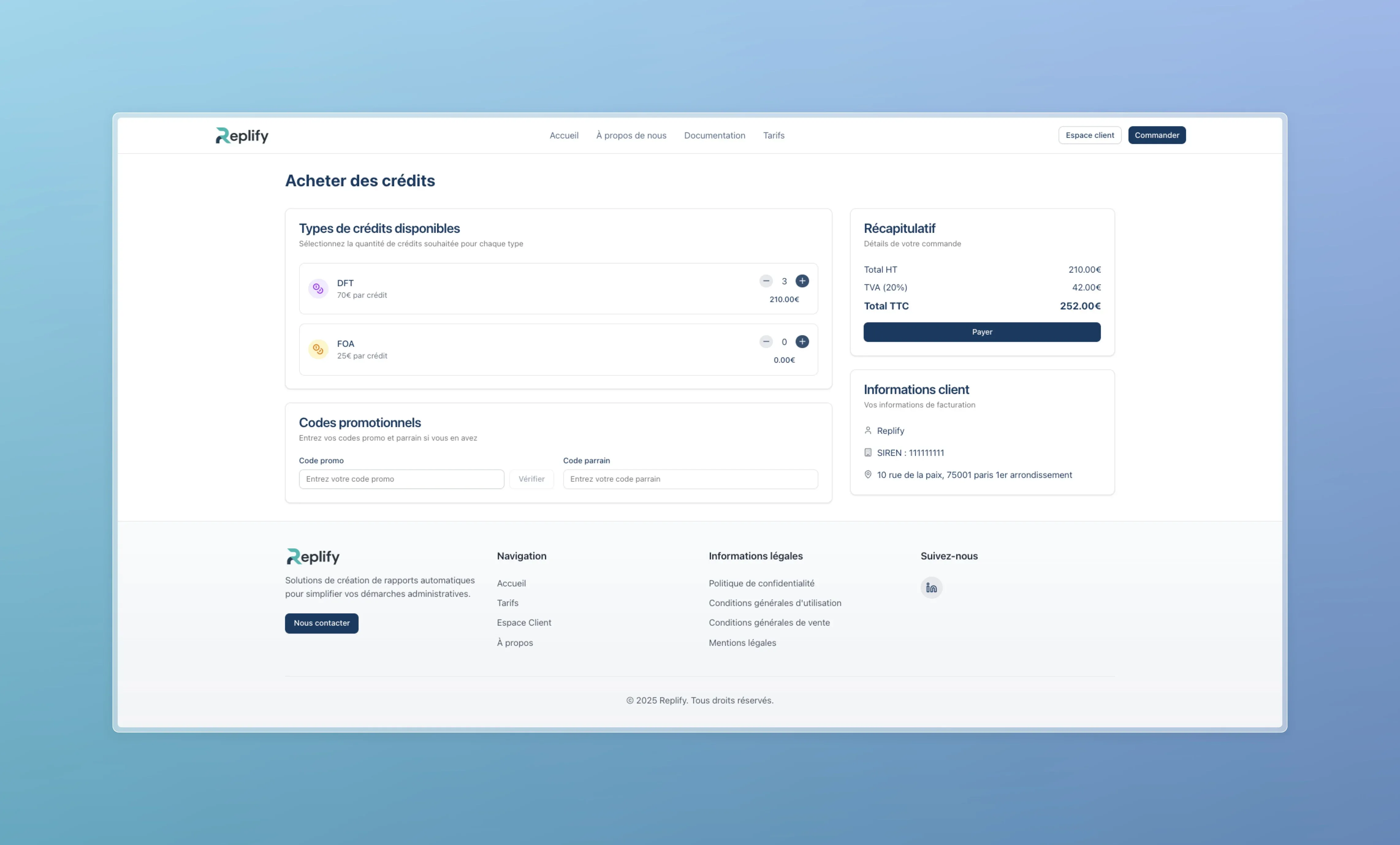 Interface d'achat de crédits avec types disponibles et codes promotionnels