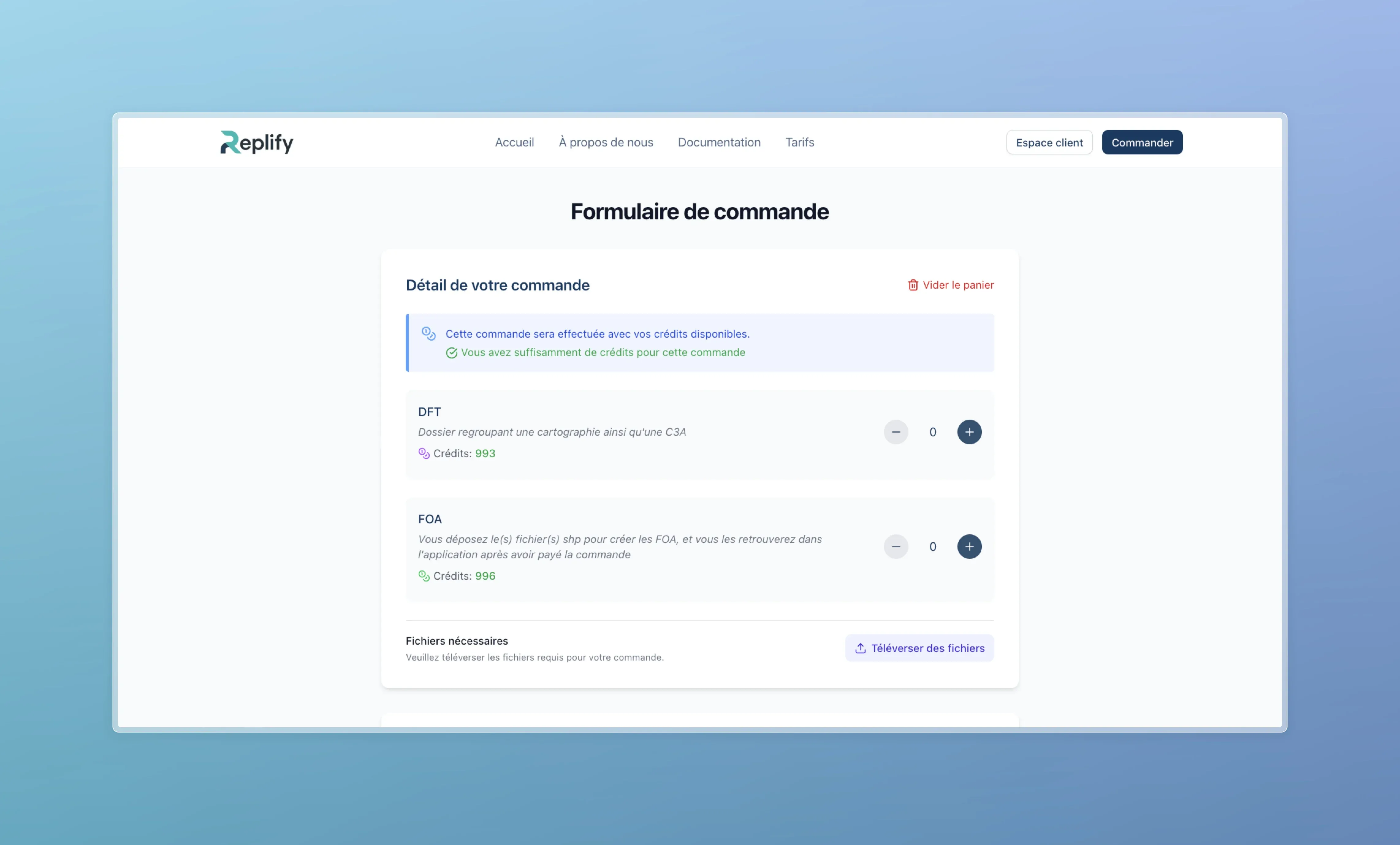 Interface de commande avec sélection de types de rapports et crédits