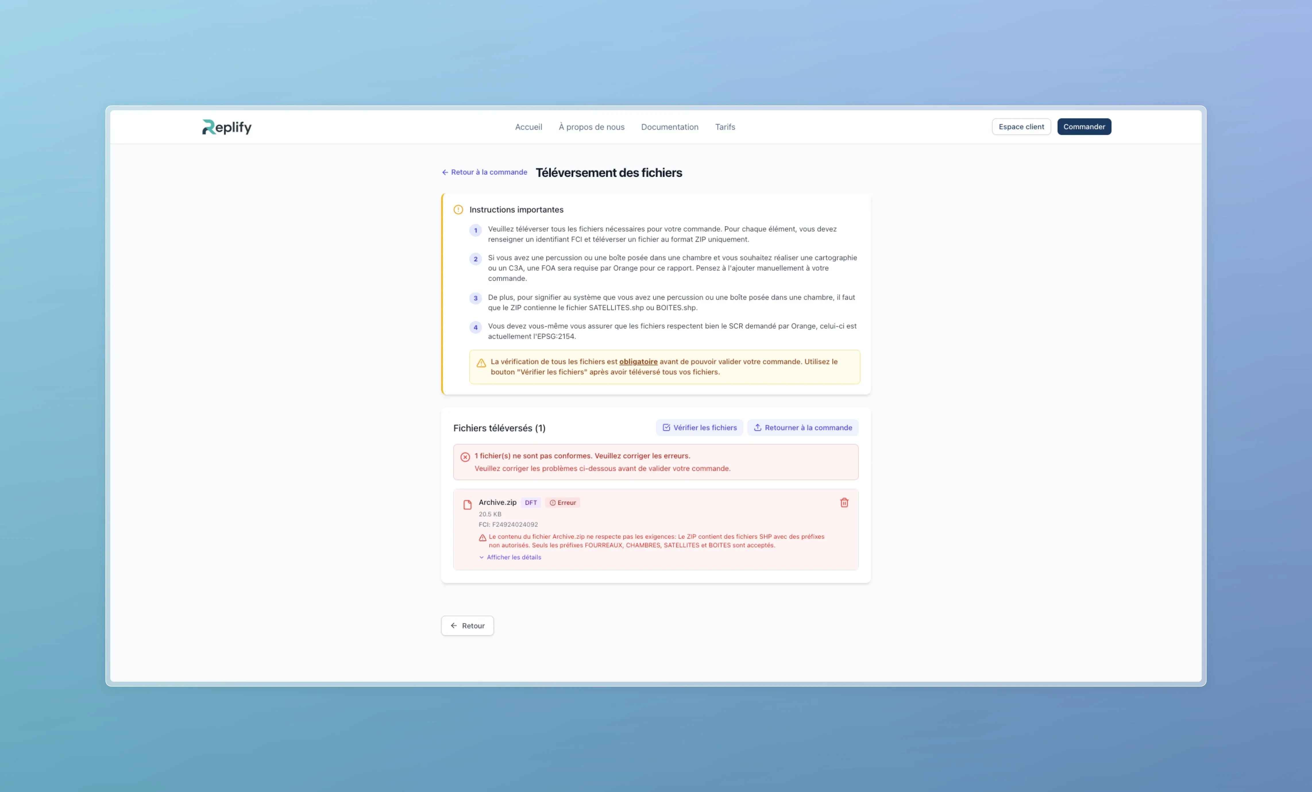 Interface de téléversement avec message d'erreur de validation