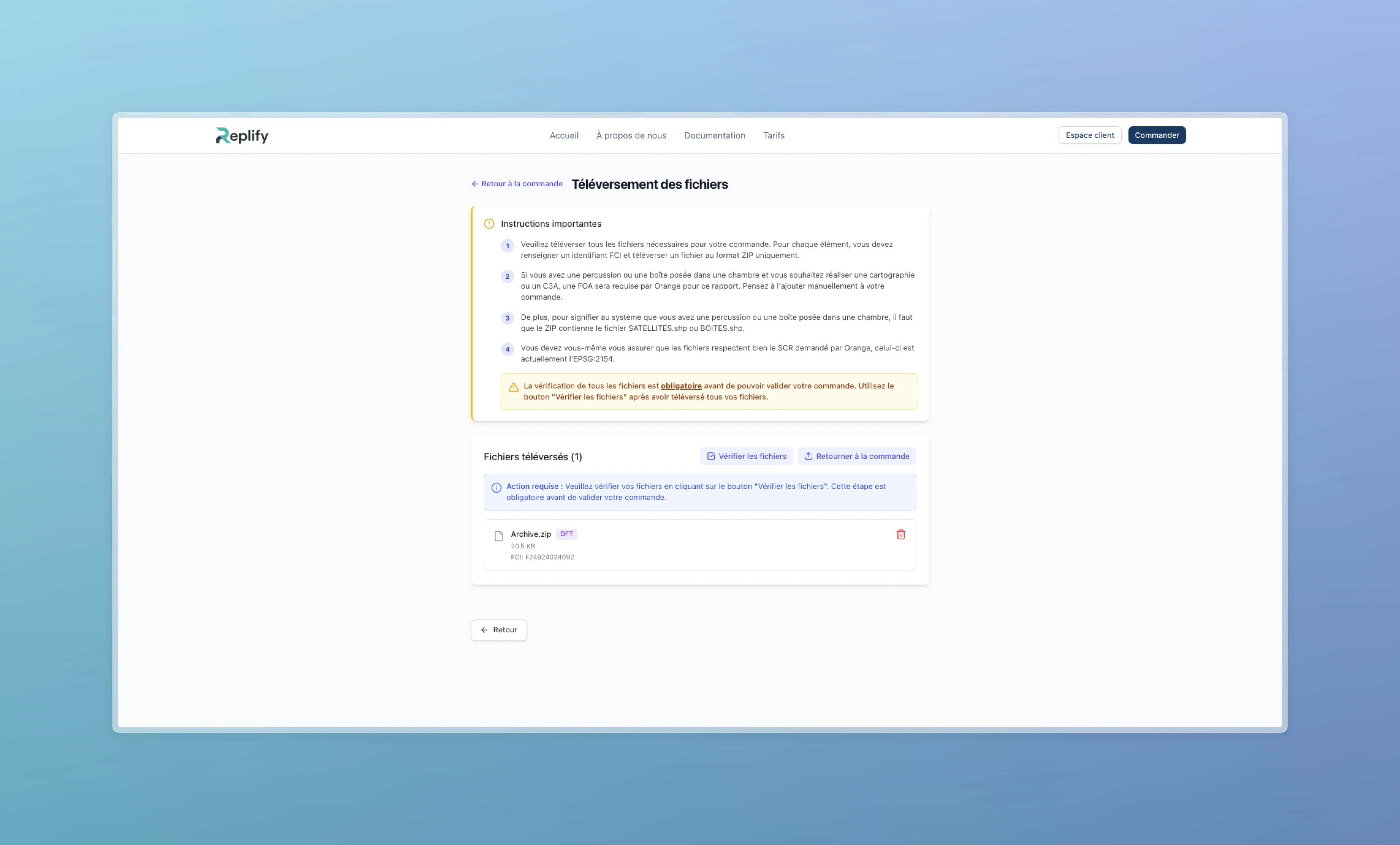 Interface de téléversement de fichiers avec fichier uploadé avec succès