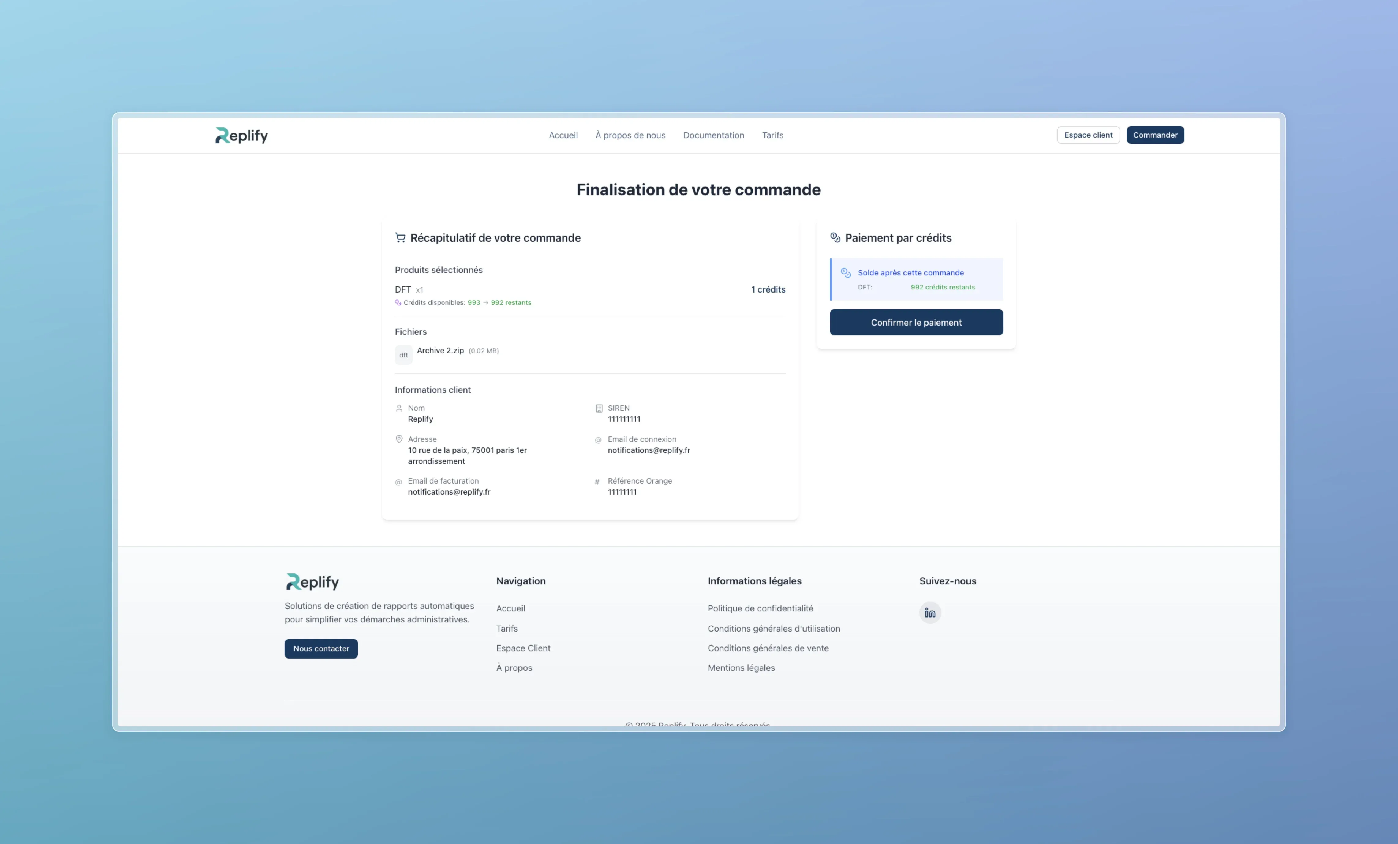 Page de finalisation de commande avec récapitulatif et paiement par crédits