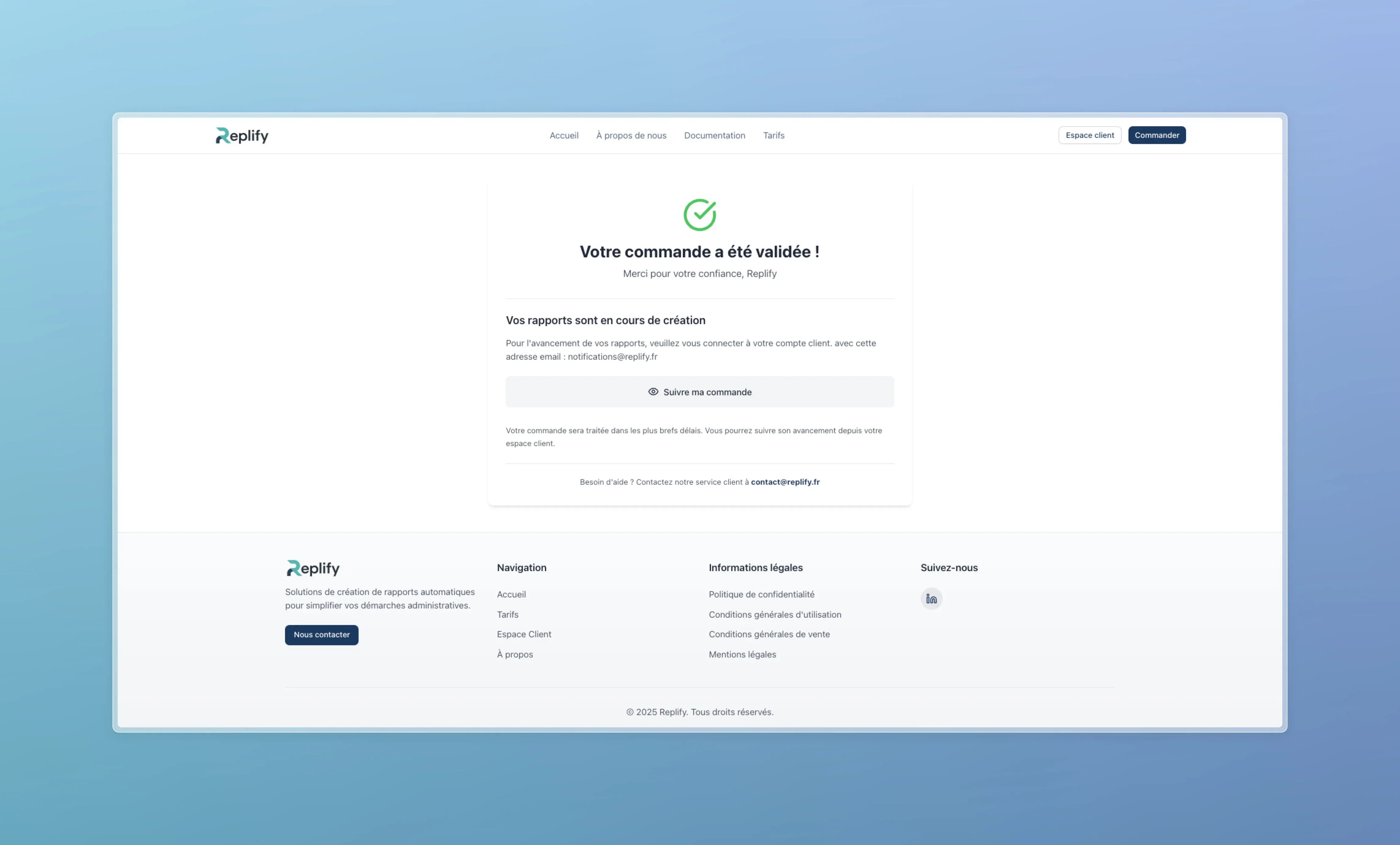 Page de confirmation de commande validée avec succès