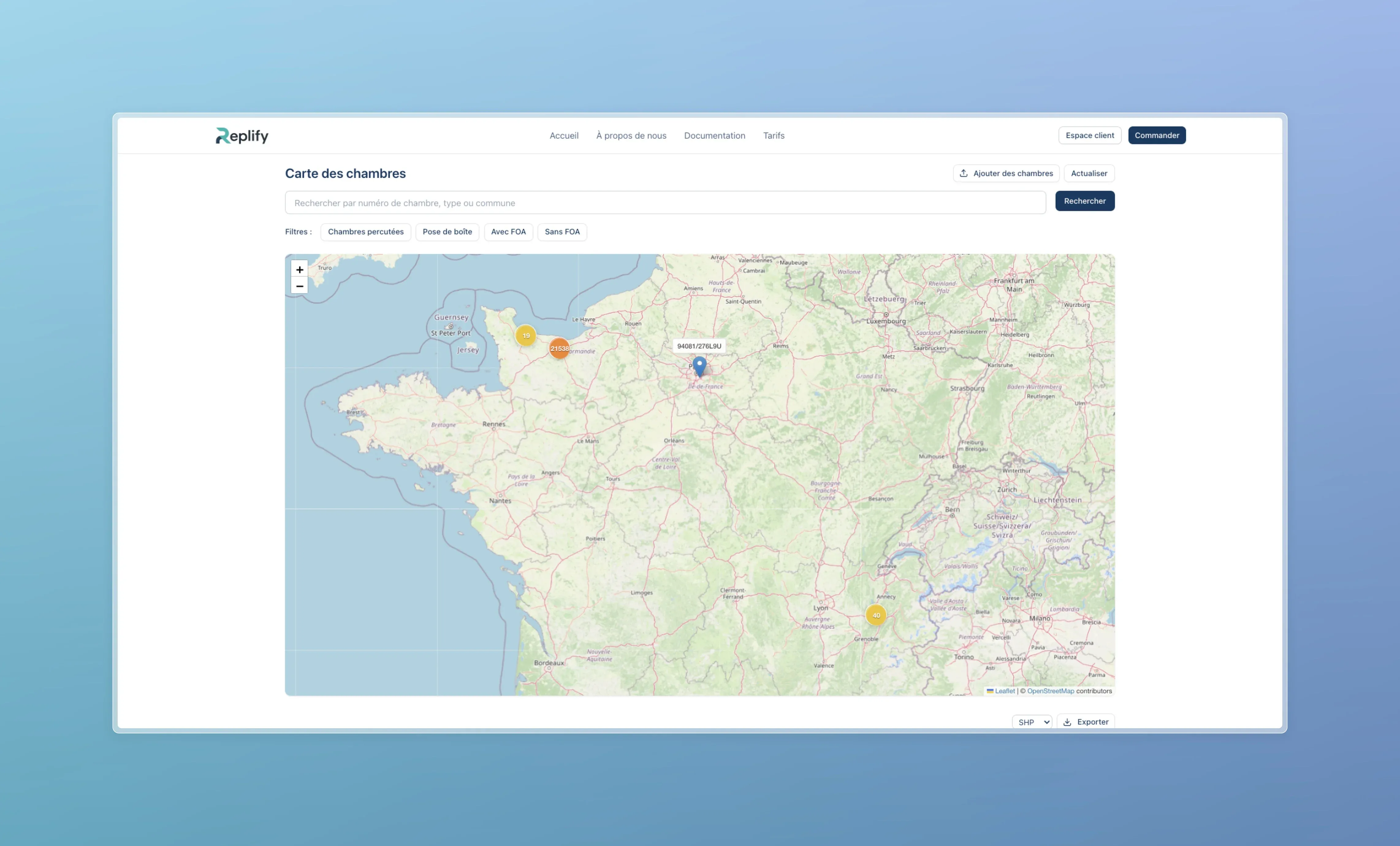 Carte interactive affichant les chambres disponibles sur une zone géographique