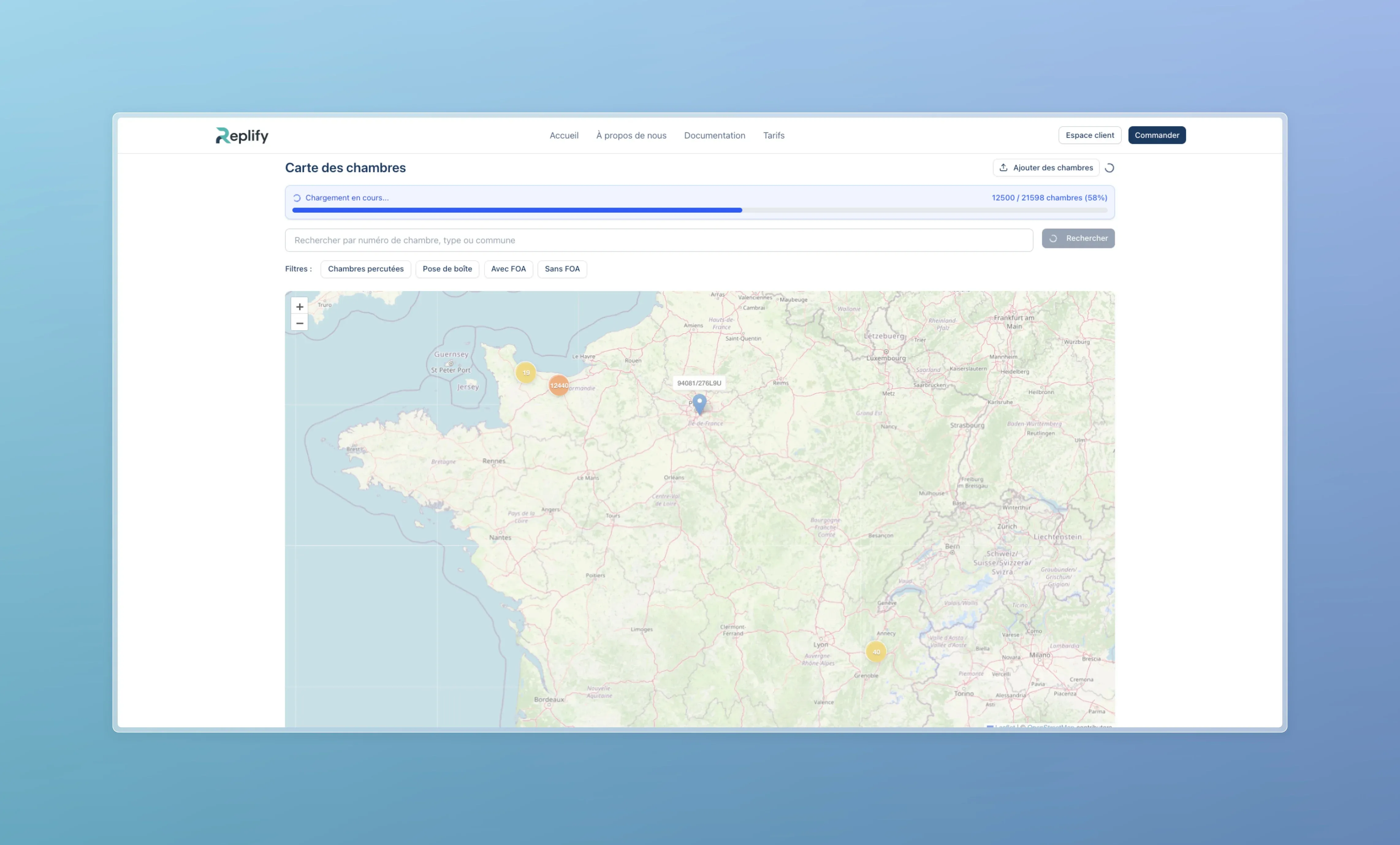 Interface de carte en cours de chargement des données de chambres