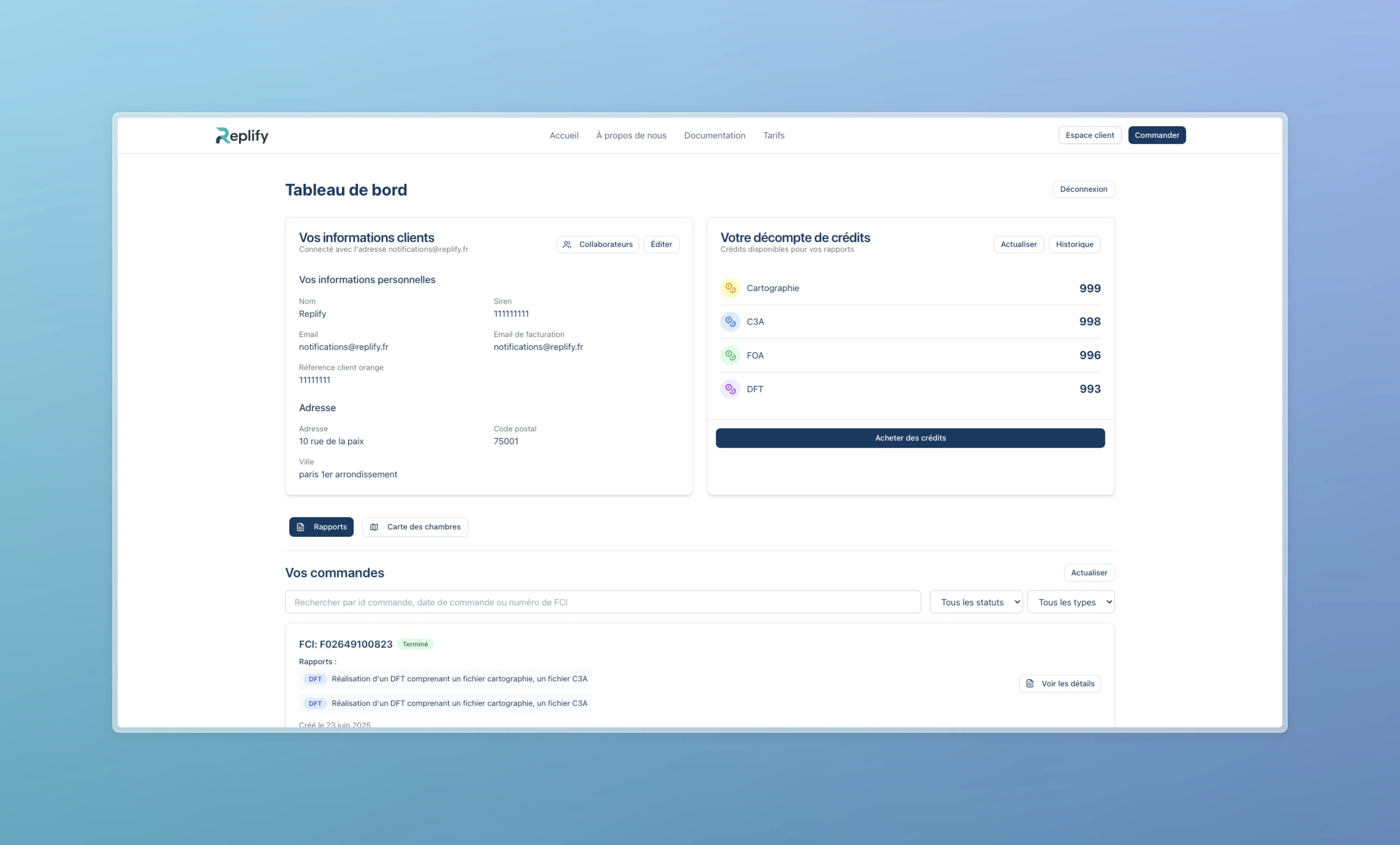 Interface principale de l'espace client