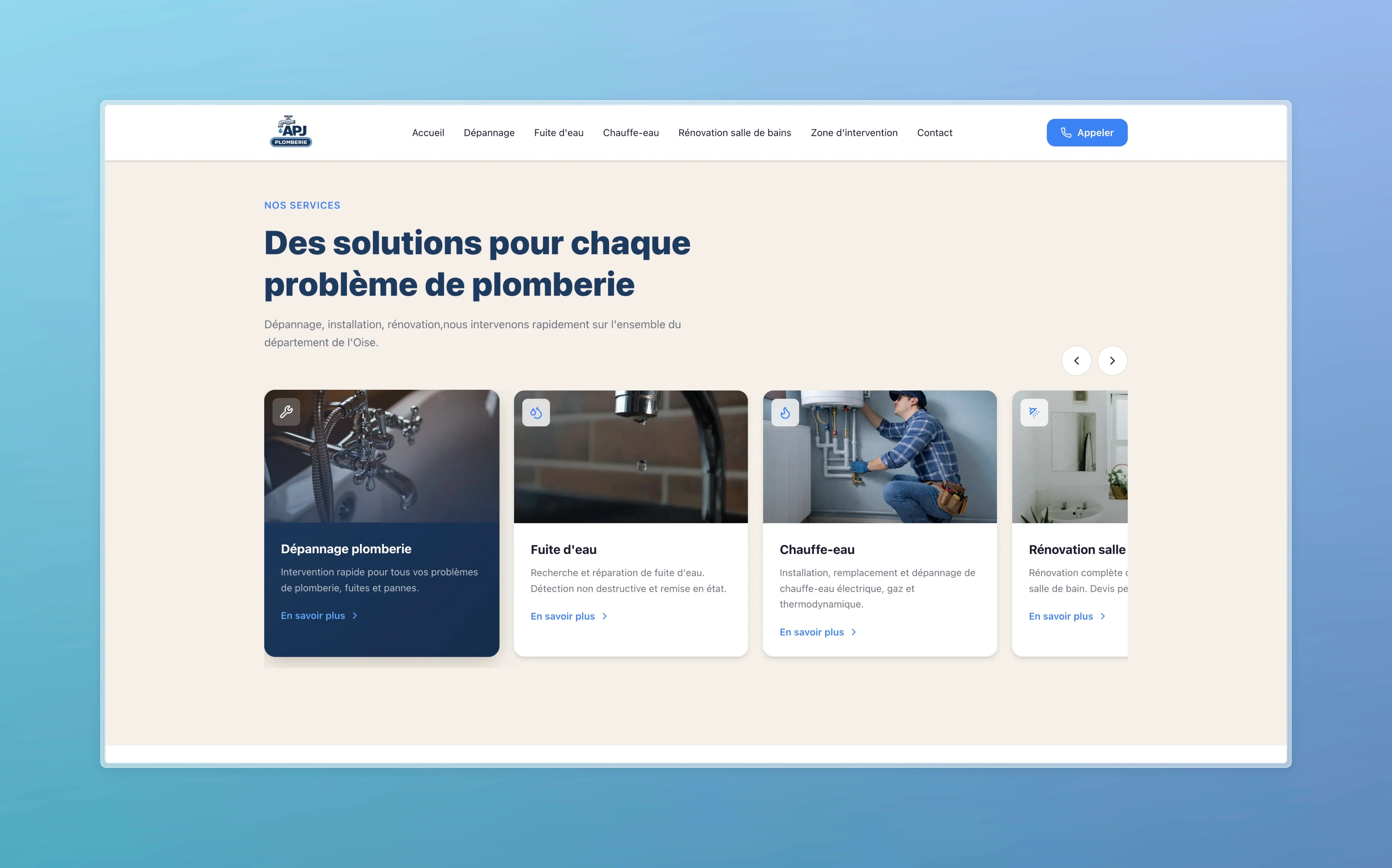 Services section showing repair, water leak, water heater and bathroom renovation as cards