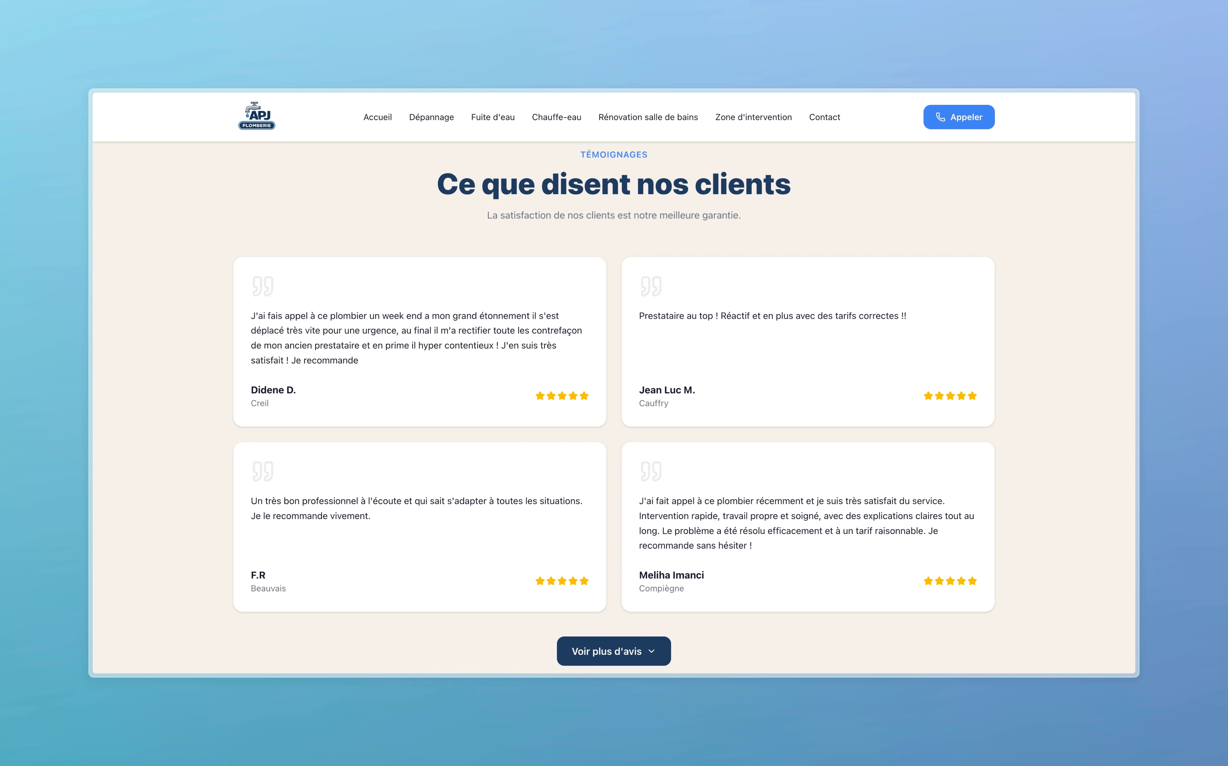 Testimonials section with four 5-star customer reviews and their hometowns