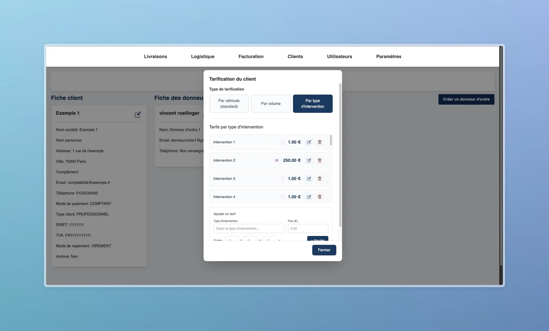 Fenêtre de tarification client permettant de définir des tarifs par type d’intervention et de gérer les montants.
