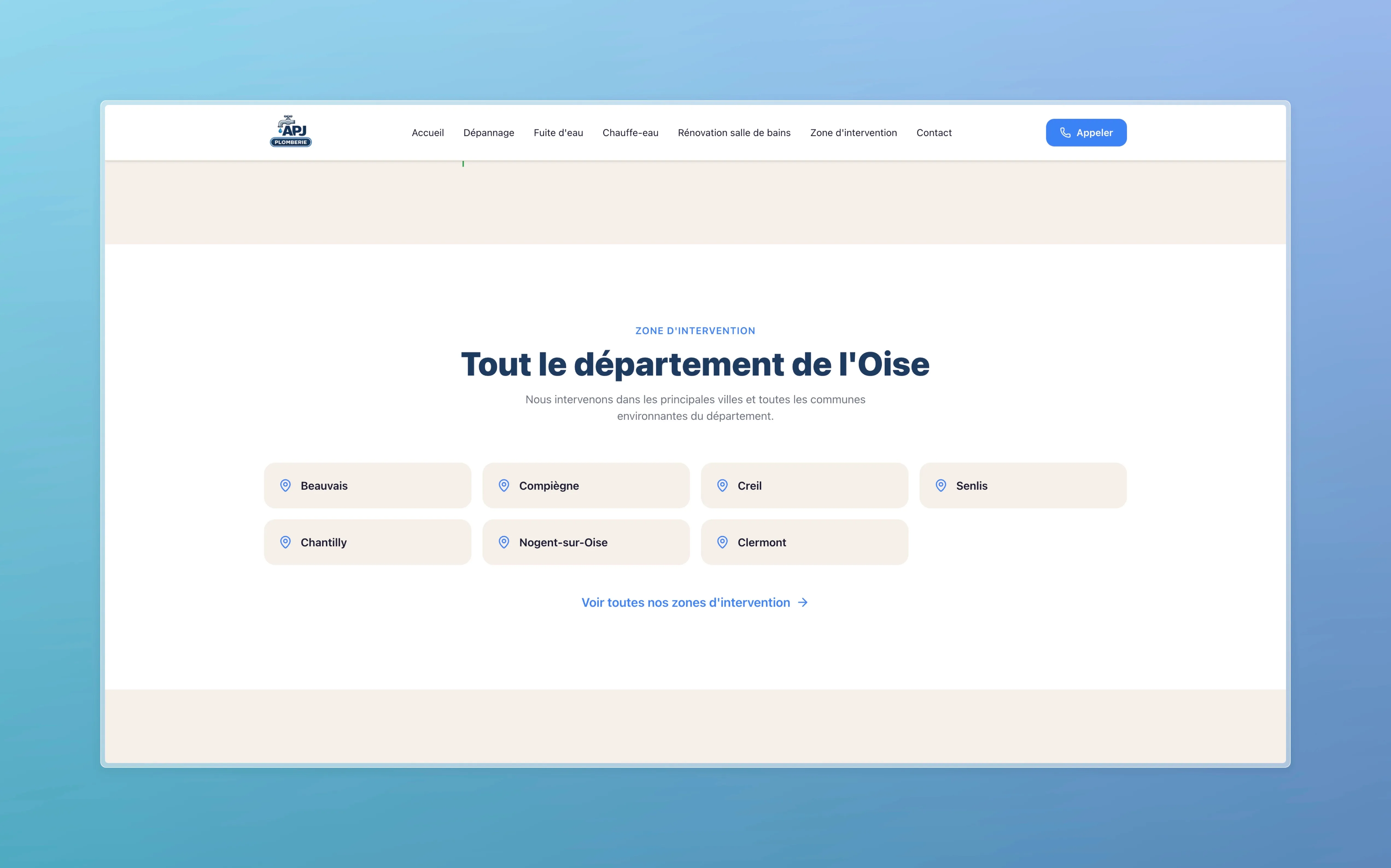 "All across the Oise department" section listing the 7 main coverage cities